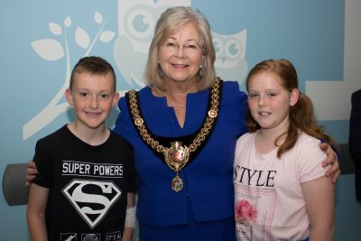 Lord Mayor of Cardiff with patients, Elliot and Daisy