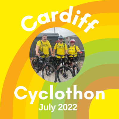 Square image with a bright yellow background, a faint rainbow and a circular image in the middle with three cyclists and their bikes. The text on the image says 'Cardiff Cyclothon - July 2022'