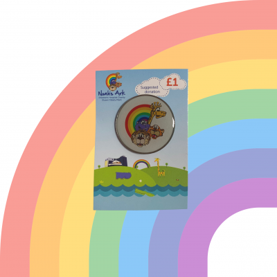ID: White background with a faded rainbow. A white Noah's Ark Charity badge on a colourful backing card