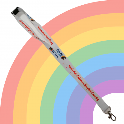 ID: A white background with faded rainbow and picture of a Noah's Ark Charity lanyard